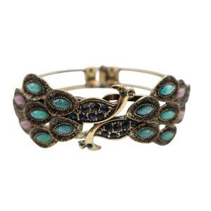 Gold Tone Peacock Rhinestone Moon Glow Lucite Clamper Bracelet Figural Unsigned